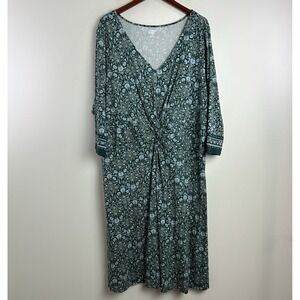 Lands End womens 3/4 sleeve Midi dress Green Floral Stretch Cotton Size 3X NEW